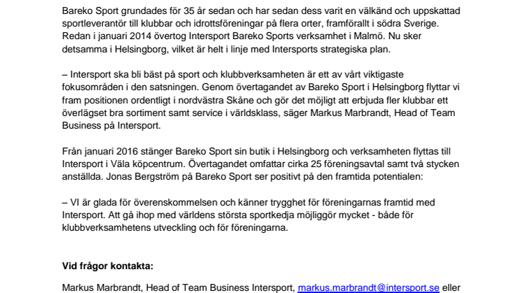 Bareko Sport i Helsingborg blir en del av Intersport 