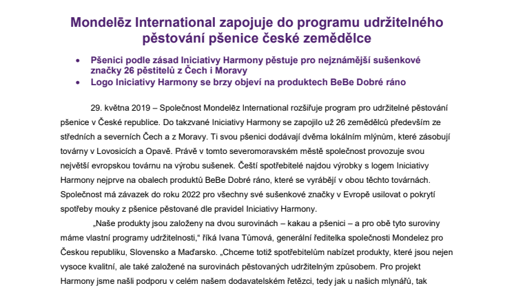 Mondelēz International zapojuje do programu udržitelného pěstování pšenice české zemědělce