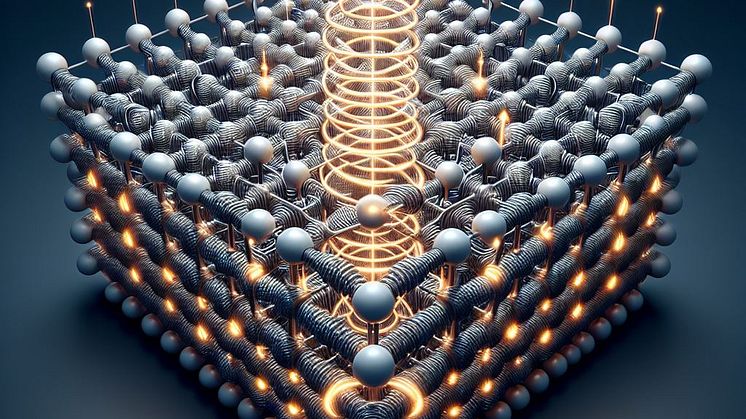Laserljuset är cirkulärt polariserat, d v s ljuset har form av en "korkskruv". När laserljus med denna typ av polarisation kommer in i ett material, överför det dess cirkulära polarisation till atomerna genom att få dem att rotera. AI-genererad bild.