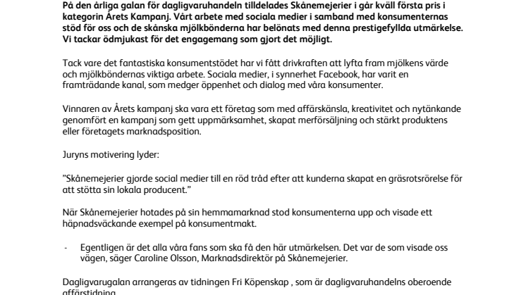 Skånemejerier vinnare på Dagligvarugalan
