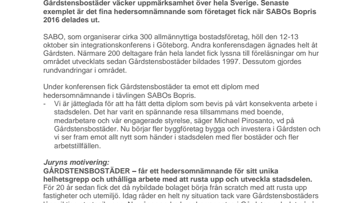 SABOs hedersomnämnande till Gårdstensbostäder