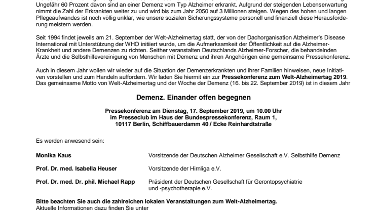 Pressekonferenz zum Welt-Alzheimertag 2019 am 17. September in Berlin 