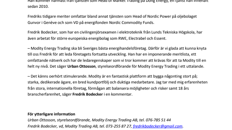 Fredrik Bodecker ny vd för Modity Energy Trading AB