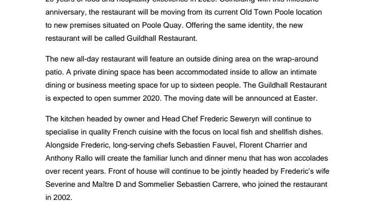 New Premises Announced for Award-Winning Poole Restaurant
