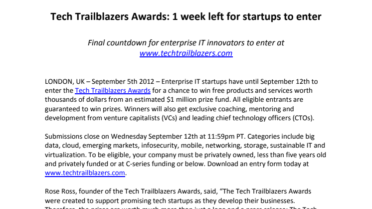 Tech Trailblazers Awards: 1 week left for startups to enter