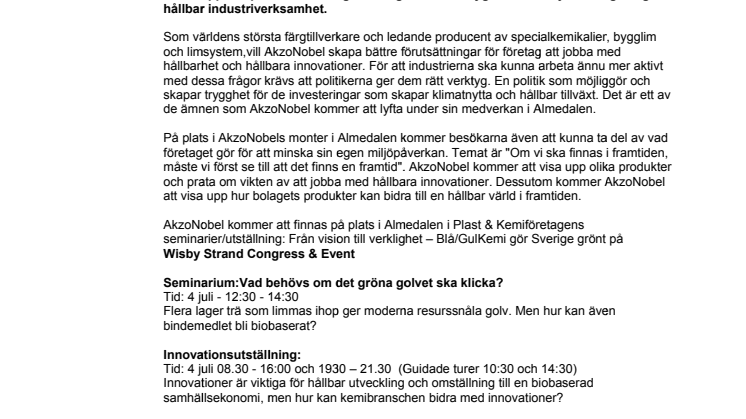 AkzoNobel pratar hållbara innovationer i Almedalen - Det är dags för politikerna att ge industriföretagen rätt verktyg