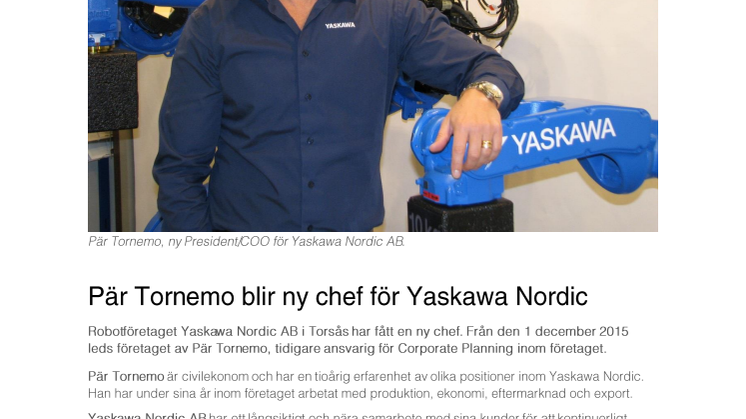 Pär Tornemo blir ny chef för Yaskawa Nordic