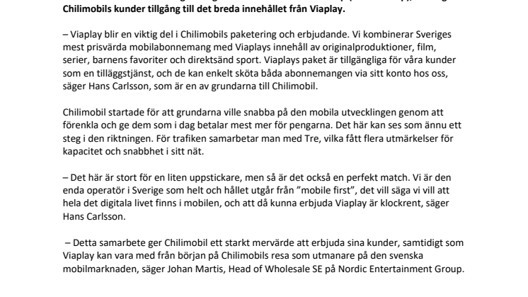 Chilimobil inleder samarbete med NENT Group