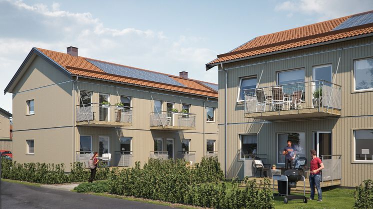 Illustration av de nya lägenheterna i BoKlok Pysslingen, Växjö. Alla med egen balkong/altan. 