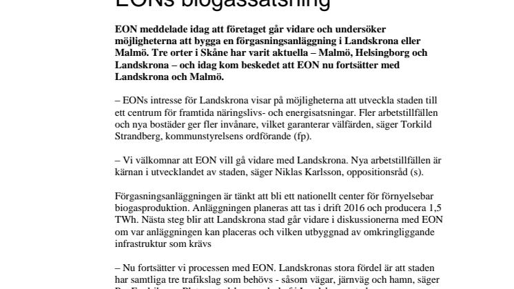 Landskrona aktuellt för EONs biogassatsning 