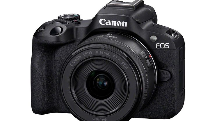 Canon EOS R50_Black_FrontSlantLeftRF16mmF2.8STM
