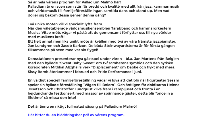 Musik i Syd presenterar: Vårens program på Palladium Malmö 