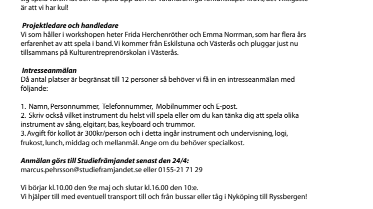 Helgkollo med musikworkshop för tjejer