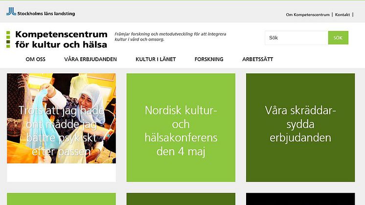 Kultur och hälsa i Stockholms län lyfts på den nya hemsidan. Syntolkning: Webbplatsens förstasida med rubriker, bild och gröna fält med text. 