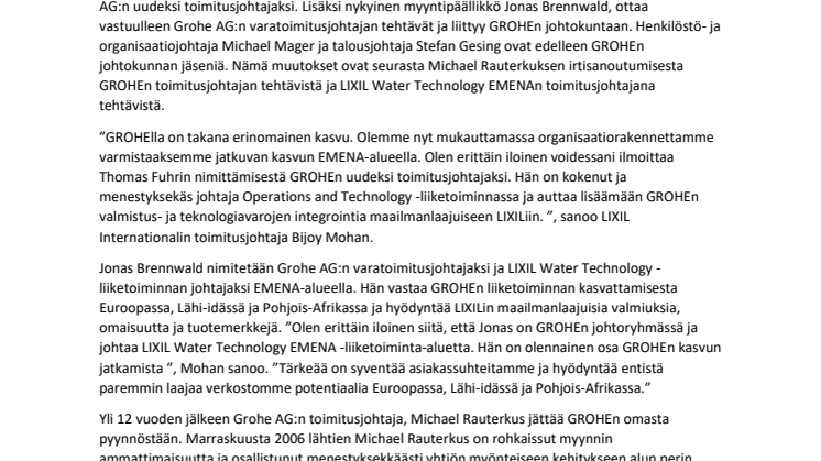 Grohe AG:n johdossa muutoksia