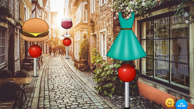 Er du på reise og ser etter nærmeste klesforretning eller restaurant? Bare plott inn en emoji i KLMs messenger-tjeneste og bli guidet i riktig retning. 
