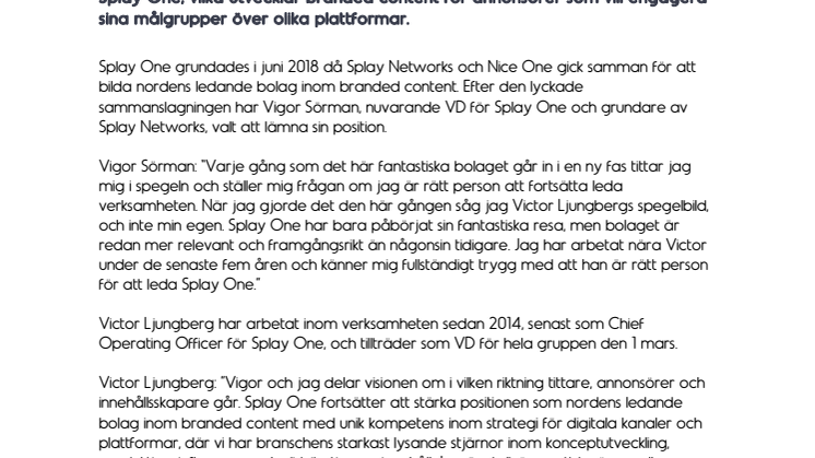 Victor Ljungberg utsedd till ny VD för Splay One-gruppen