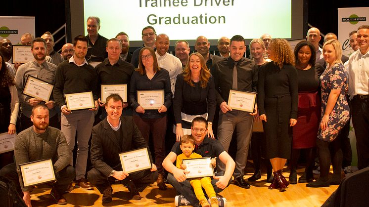 Celebrate good times: Some of the drivers who were celebrating with Angie Doll (centre), MD of Southern and Gatwick Express. This picture and others can be downloaded below