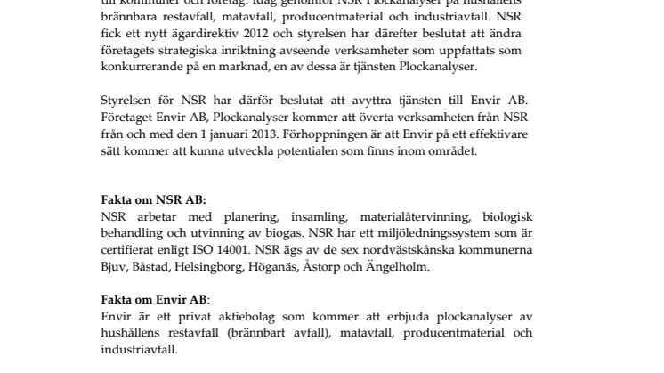 NSR säljer av sitt produktområde Plockanalyser