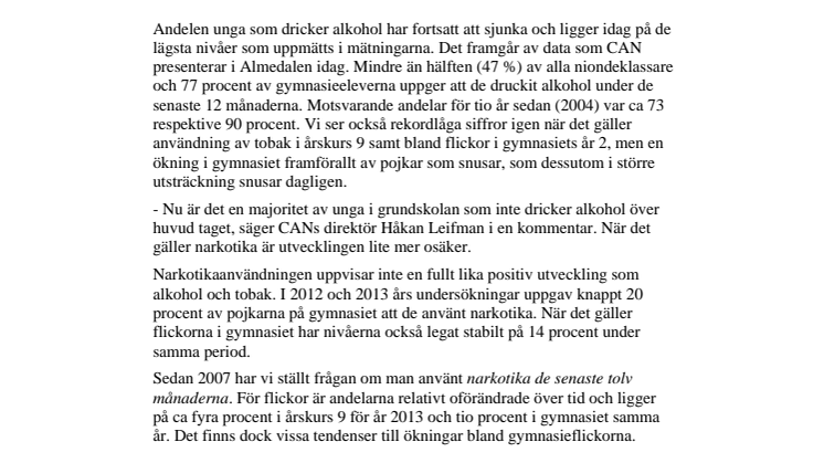 Nya data om skolelevers drogvanor: Rekordlåga siffror för alkohol och tobak 