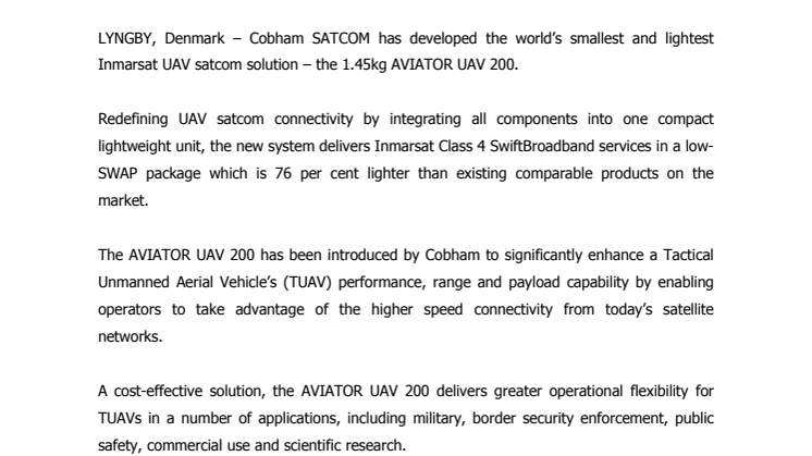 Cobham SATCOM: Cobham Launches World's Smallest Solution for Tactical AUVs