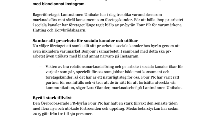 Lantmännen Unibake samlar sociala medier hos Four PR