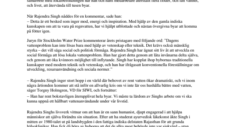 Indiens ”vattenman” tilldelas 2015 års Stockholm Water Prize