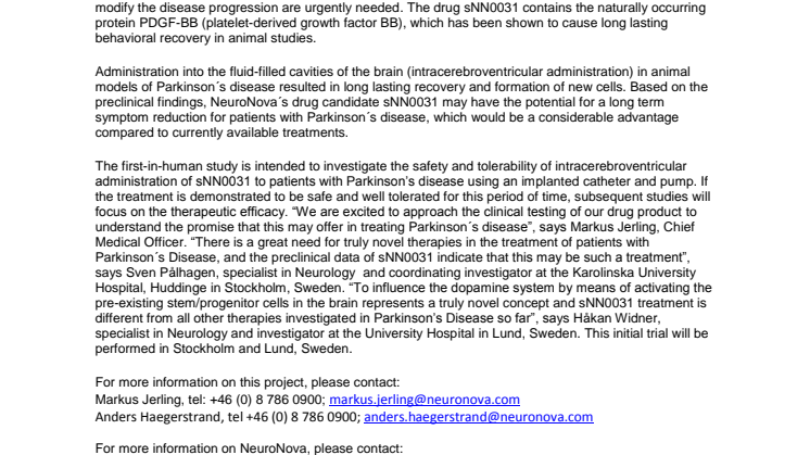 NeuroNova initiates a first-in-human study with a novel treatment for patients with Parkinson´s disease 