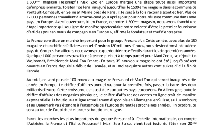 Communiqué de presse: 1 500ème  magasin en Europe