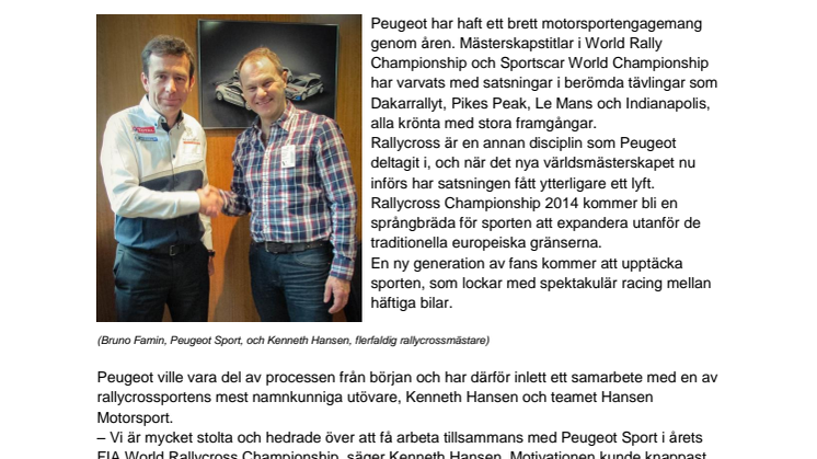 Peugeot kör VM i rallycross med Hansen Motorsport  