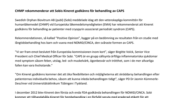 CHMP rekommenderar att Sobis Kineret godkänns för behandling av CAPS