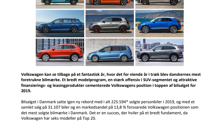 Volkswagen blev det bedst sælgende bilmærke i Danmark 2019
