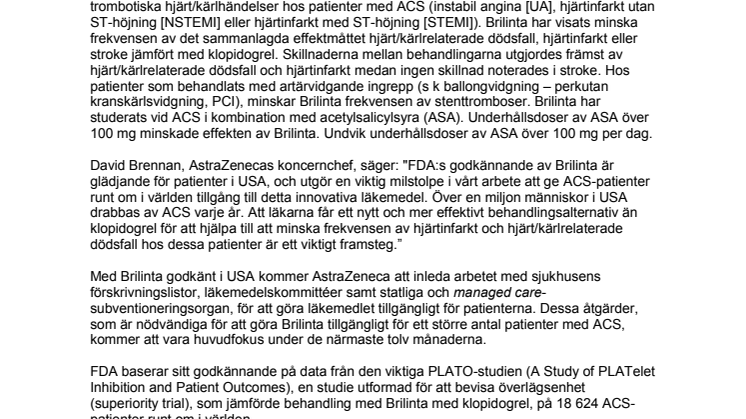 FDA godkänner det nya läkemedlet Brilinta (ticagrelor) för användning i USA
