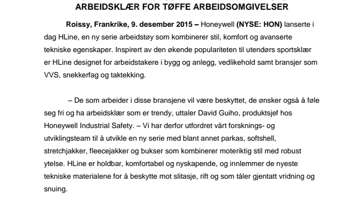 Honeywell introduserer HLline høyytelses-arbeidsklær for tøffe arbeidsomgivelser
