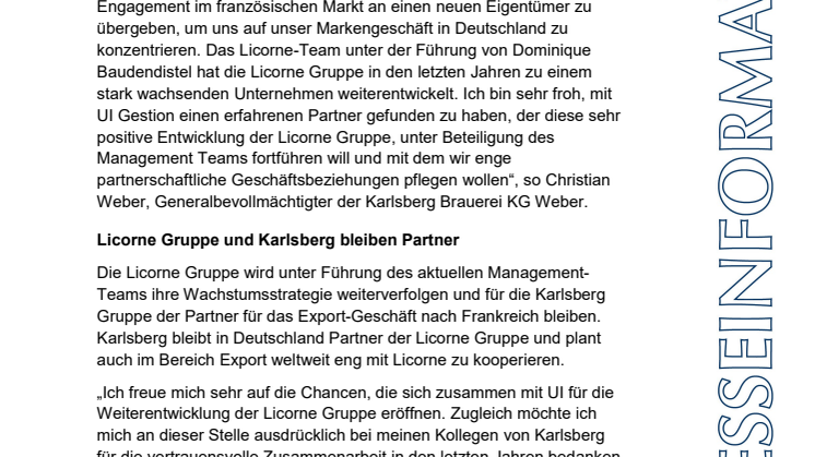 Karlsberg Verbund plant Verkauf der Licorne Gruppe in Frankreich – Weitere Konzentration auf wachsendes deutsches Markengeschäft