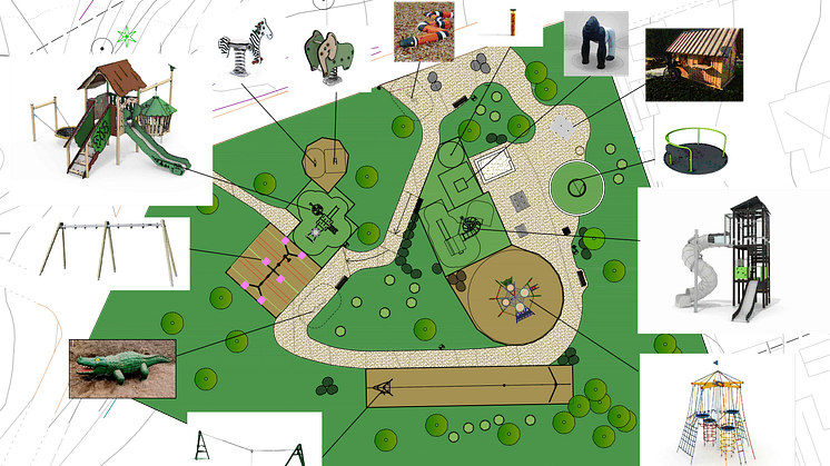 Illustrationsplan över den nya lekparken i Stationsskogen, som nu ska invigas.