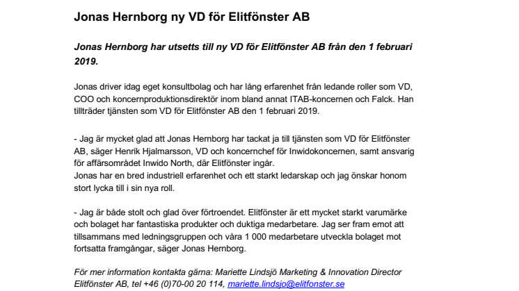 Jonas Hernborg ny VD för Elitfönster AB