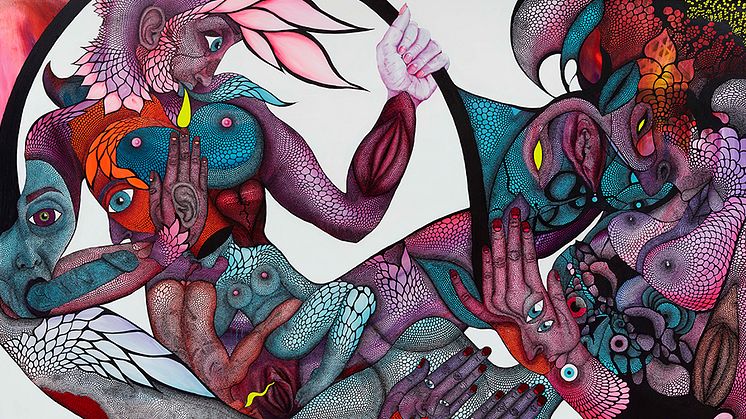 'Genom min svarta blick och ut ur min fitta', 2021, Akryl och pennor på duk, 170 x 250 cm