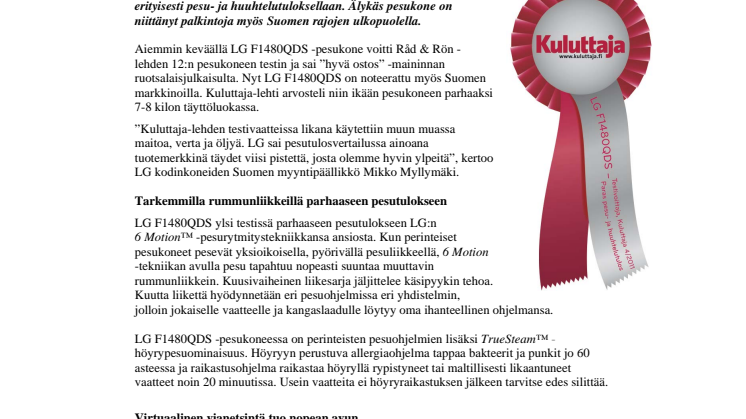 LG:n älykäs pesukone testivoittaja myös Suomessa