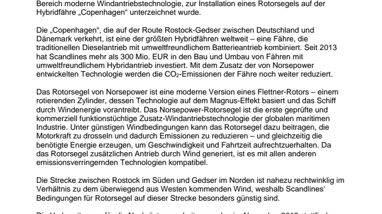 Scandlines installiert Rotorsegel von Norsepower an Bord der Hybridfähre „Copenhagen” 