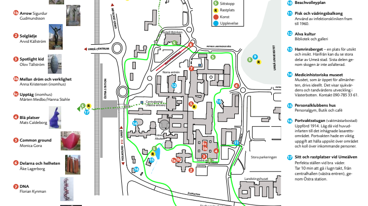 Karta över promenadstråket runt Norrlands universitetssjukhus i Umeå