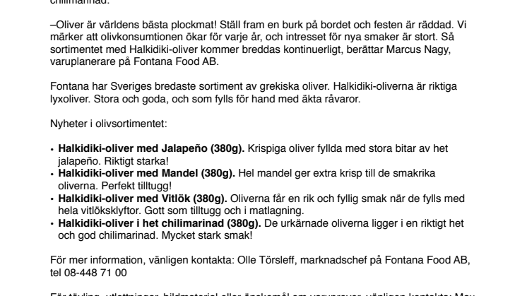 Fyllda gröna oliver från Halkidiki i Grekland