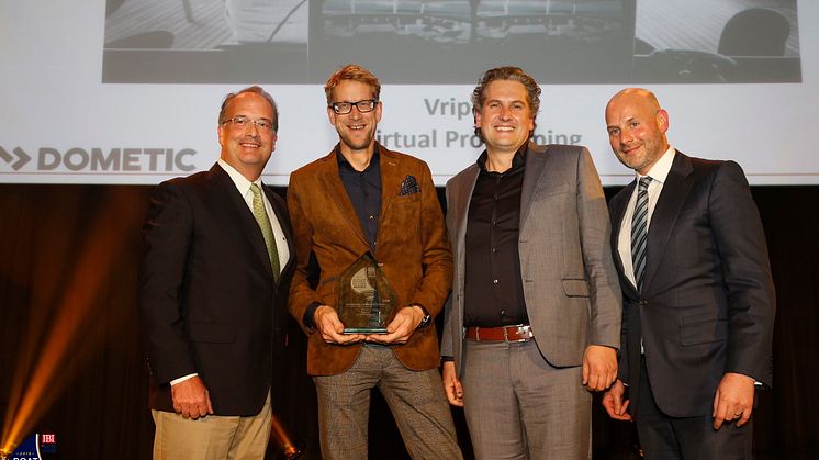 From left to right: Executive Vice President of Dometic’s marine division Ned Trigg, with Bart Bouwhuis, Director of Vripack, and Jeroen Schoonheim, Head of Engineering at Vripack, and editor of IBI Ed Slack. Credit: Graham Snook Photography