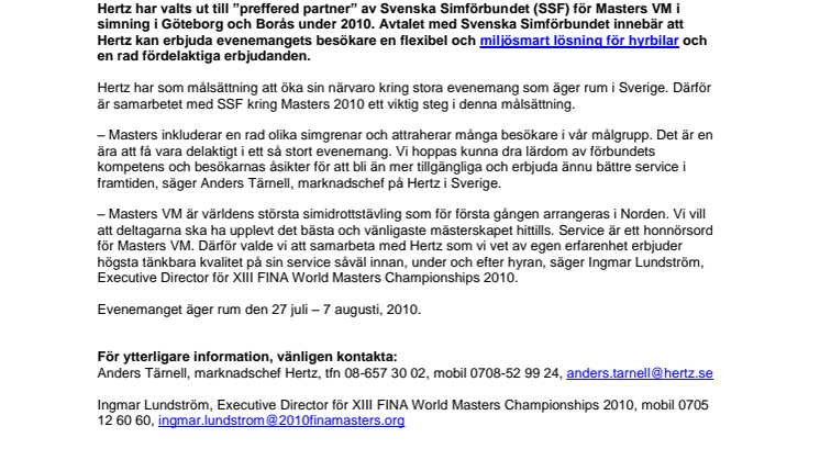 Hertz blir ”preferred partner” till Masters VM i simning 2010