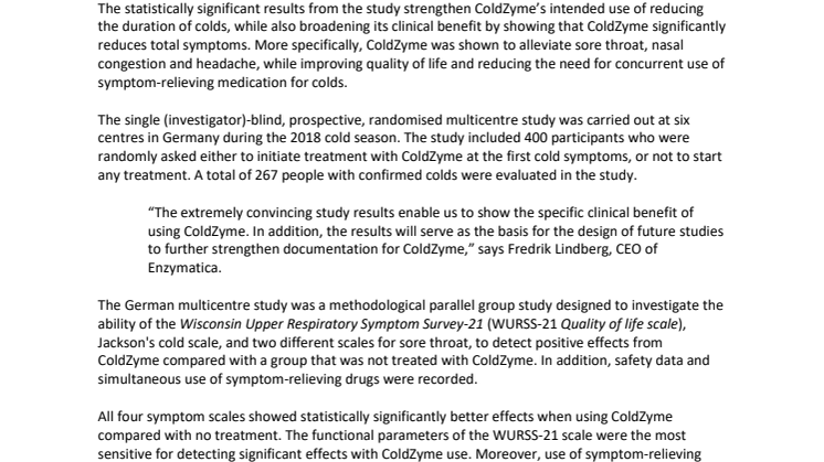 Results from German multicentre study strengthen and broaden ColdZyme’s product claims 