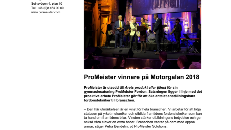 ProMeister vinnare på Motorgalan 2018