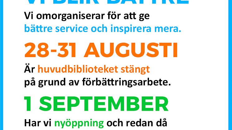 Stadsbibliotekets huvudbibliotek planerar nyöppning och stänger för förbättringsarbete 28-31 augusti.