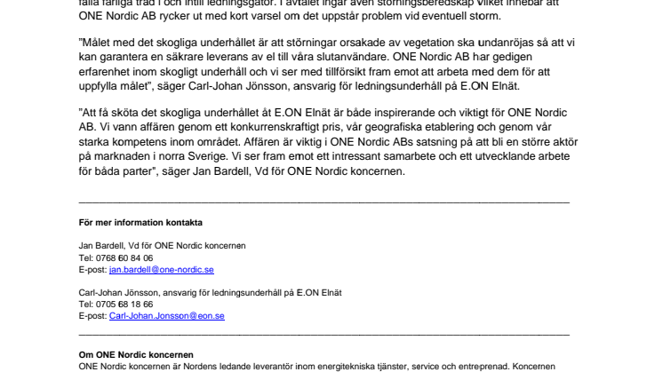 ONE Nordic AB röjer ledningsgator i norra Sverige åt E.ON Elnät