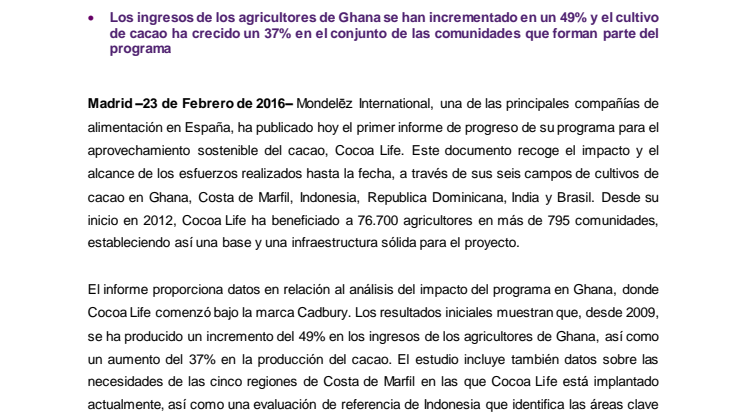  Mondelēz International informa de los avances de su programa de sostenibilidad Cocoa Life