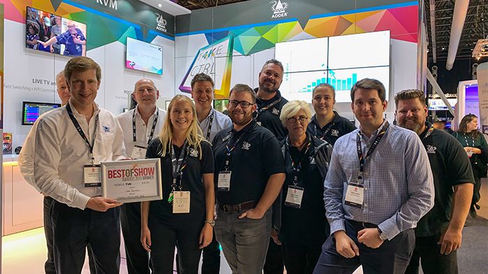 Adrian Dickens, CEO, Adder (far left), receives the 'Best of Show' award for the ADDERLink INFINITY 4000 with the rest of the Adder show team at IBC 2019